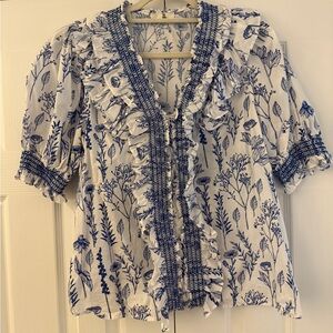 Floral Ruffle Blouse - Blue and White